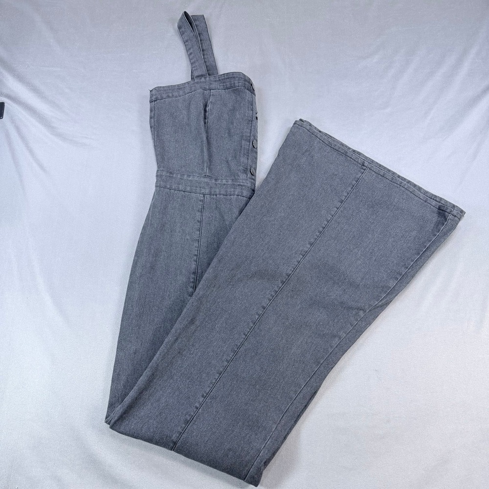 Jealous Tomato Denim Jumpsuit Womens L Black Flare Leg Button Front Retro Casual